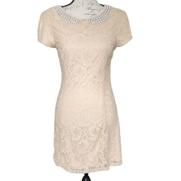 Forever 21 Women's Size Large Beige Pearl Beaded Lace A-Line Dress - Picture 1 of 8